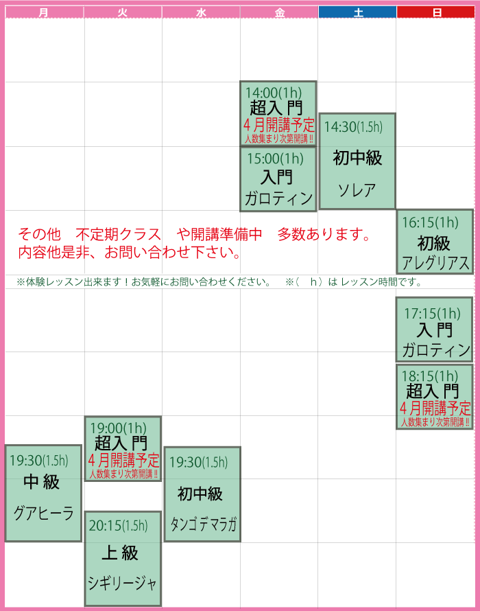東京多摩聖蹟桜ヶ丘のフラメンコ教室時間割